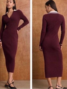 Abercrombie and Fitch Long-Sleeve Polo Midi Dress in Deep Burgundy medium petite